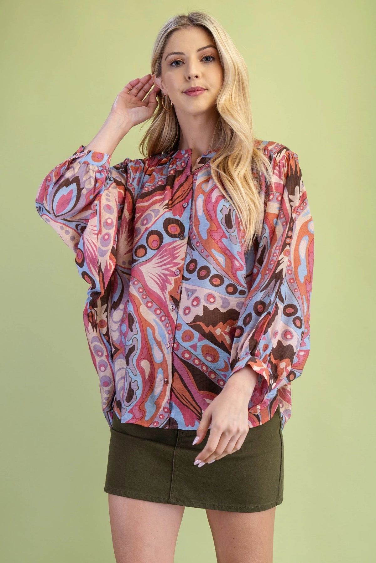 Loose Fit Button Down Blouse - Pink/Blue Print