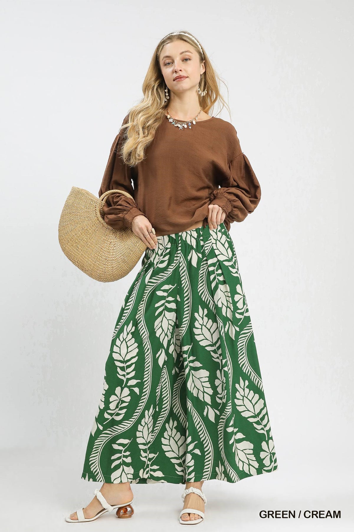 Tropical Leaf Wide Leg Pant in Green