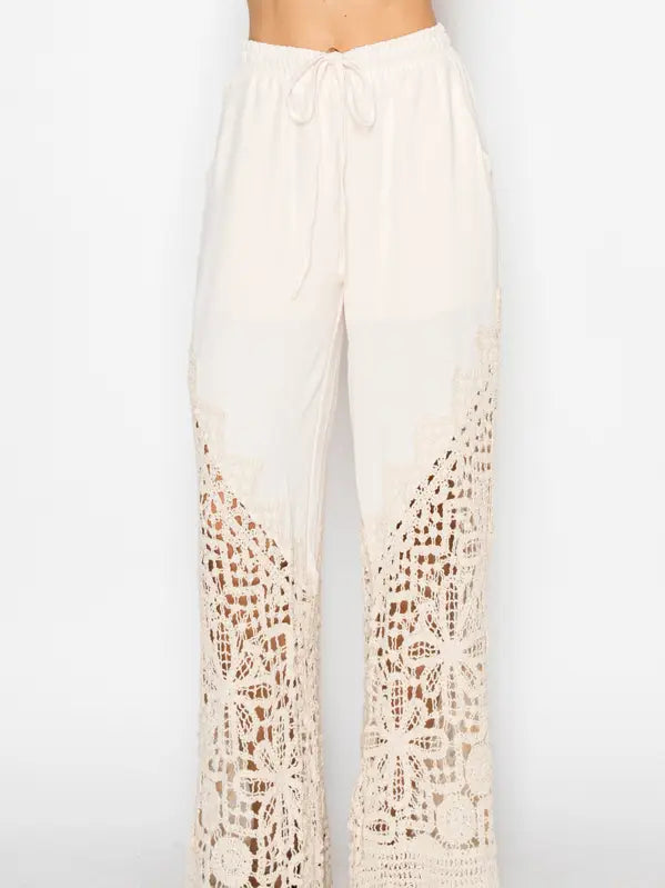Crochet-Detail Lined Drawstring Pants-4899BEIGE