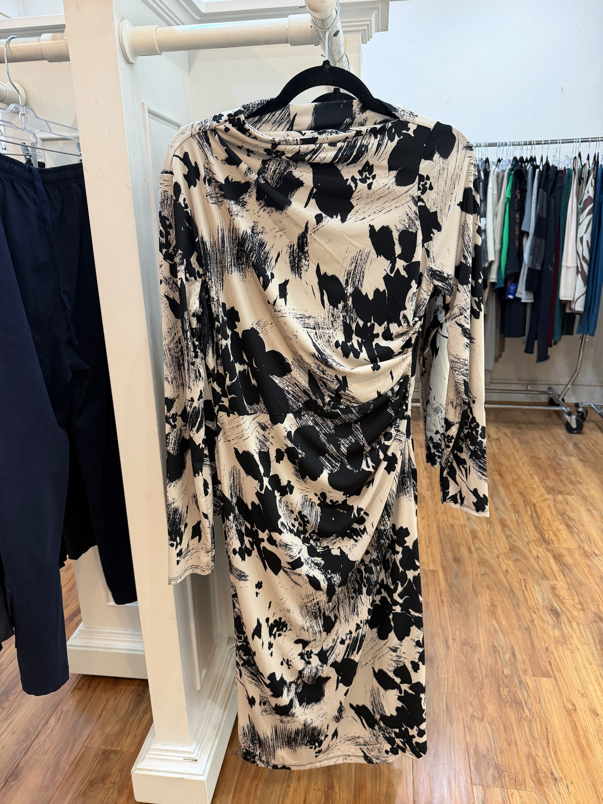 gilli dress Blue Bloom Faux Wrap Midi 83% rayon 17% nylon Model is 55 and is wearing a size small Gilli Print Faux Wrap Dress