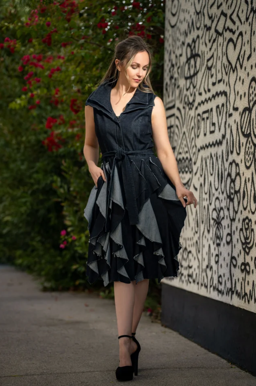 Denim Ruffle Dress With Collar - S25024