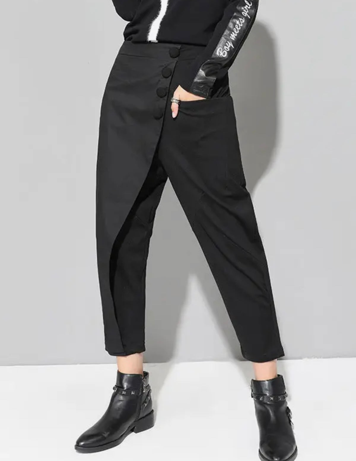 Black Asymmetric Button Pants