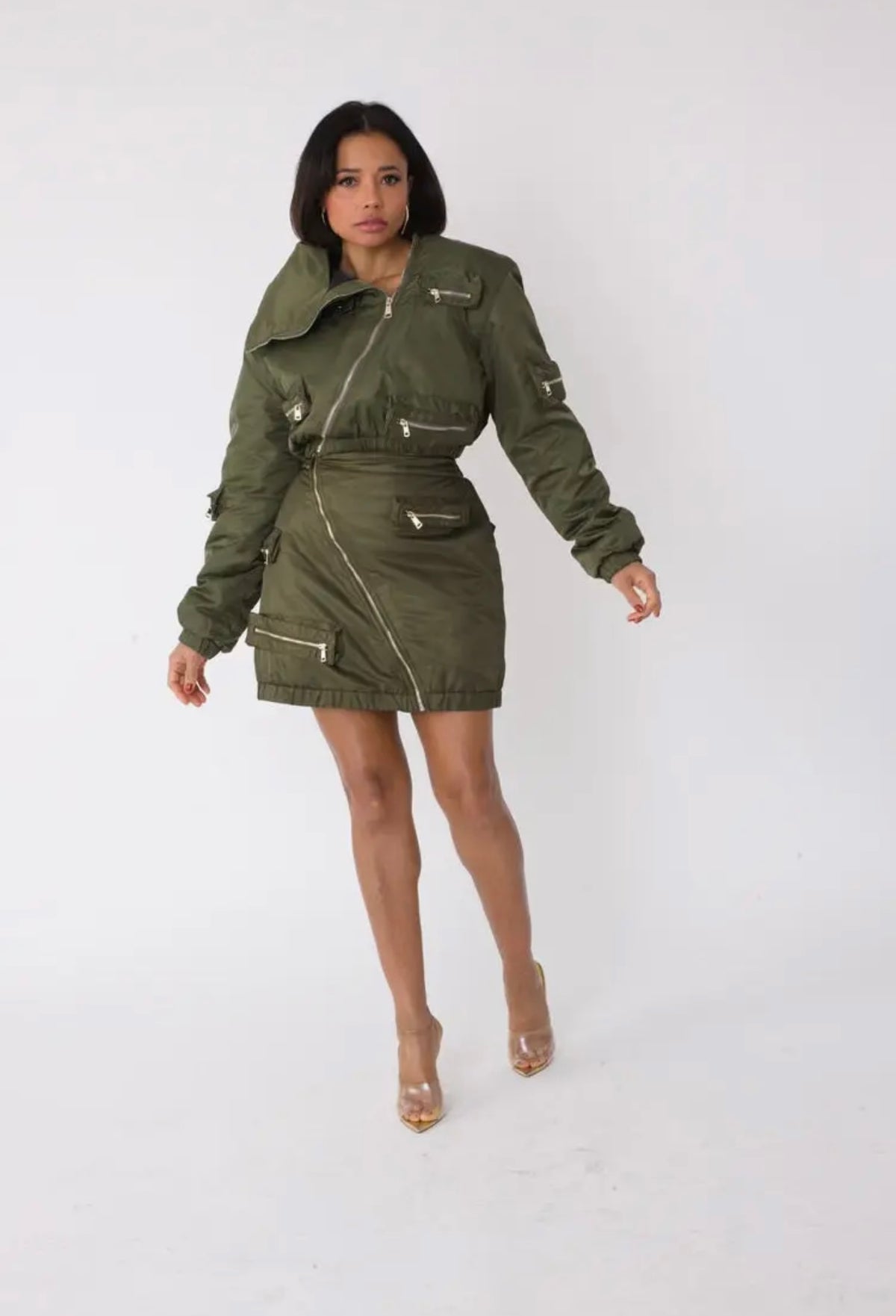 Olive Cropped Utility Bomber Jacket -82404
