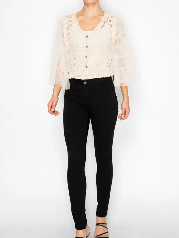 Dreamy Crochet Tulle Tiered Sleeved Cardigan- OLS-4941