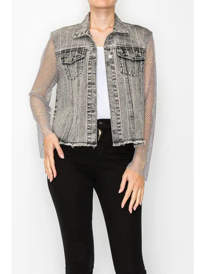 Statement Denim Jacket with Sparkly Details & Net Mesh Sleeves - 4777 Sw Bk